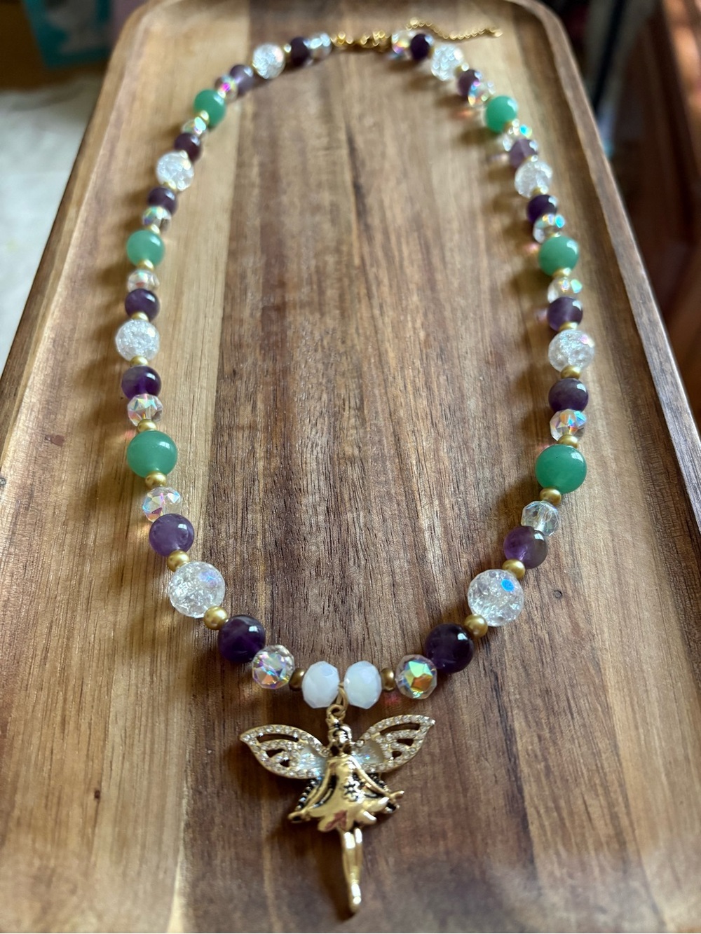 Gold Fairy Beaded Necklace w/ Amethyst & Green Aventurine